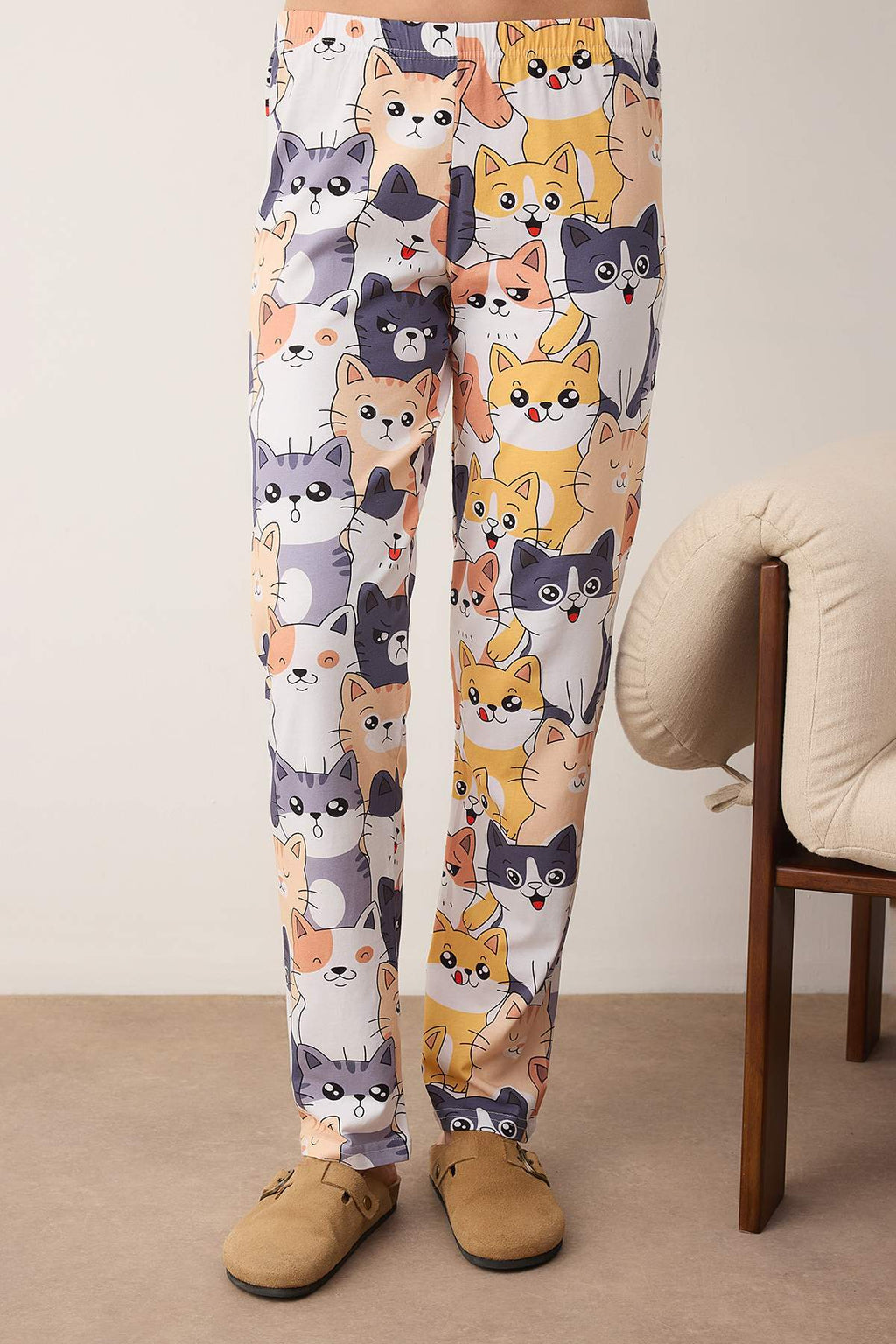 Antrasit Kedi Desenli Pamuklu Likralı Yumuşak Tuşe Örme Pijama Takımı THMAW26PT00167