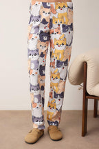 Antrasit Kedi Desenli Pamuklu Likralı Yumuşak Tuşe Örme Pijama Takımı THMAW26PT00167