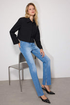 Trendyolmilla Lacivert Yırtmaçlı Yüksek Bel Comfort/Esnek Flare İspanyol Paça Jeans TWOAW22JE0382