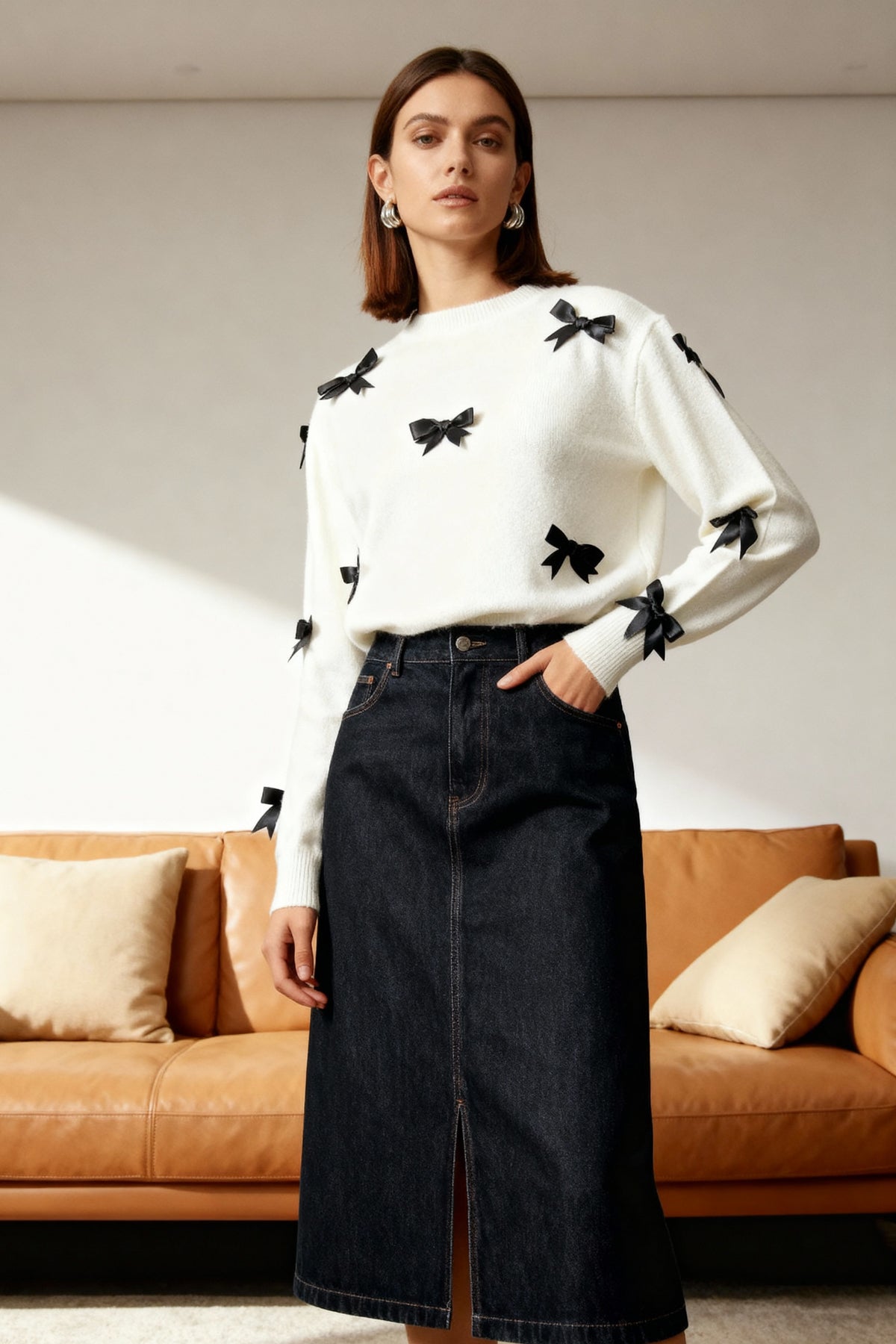 Trendyolmilla Ekru Yumuşak Dokulu Kurdele/Fiyonk Detaylı Triko Kazak TWOAW25KZ00155 الصورة الرئيسية