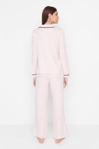 Trendyolmilla Pudra %100 Pamuklu Çizgili Biye Detaylı Örme Pijama Takımı THMAW21PT0614