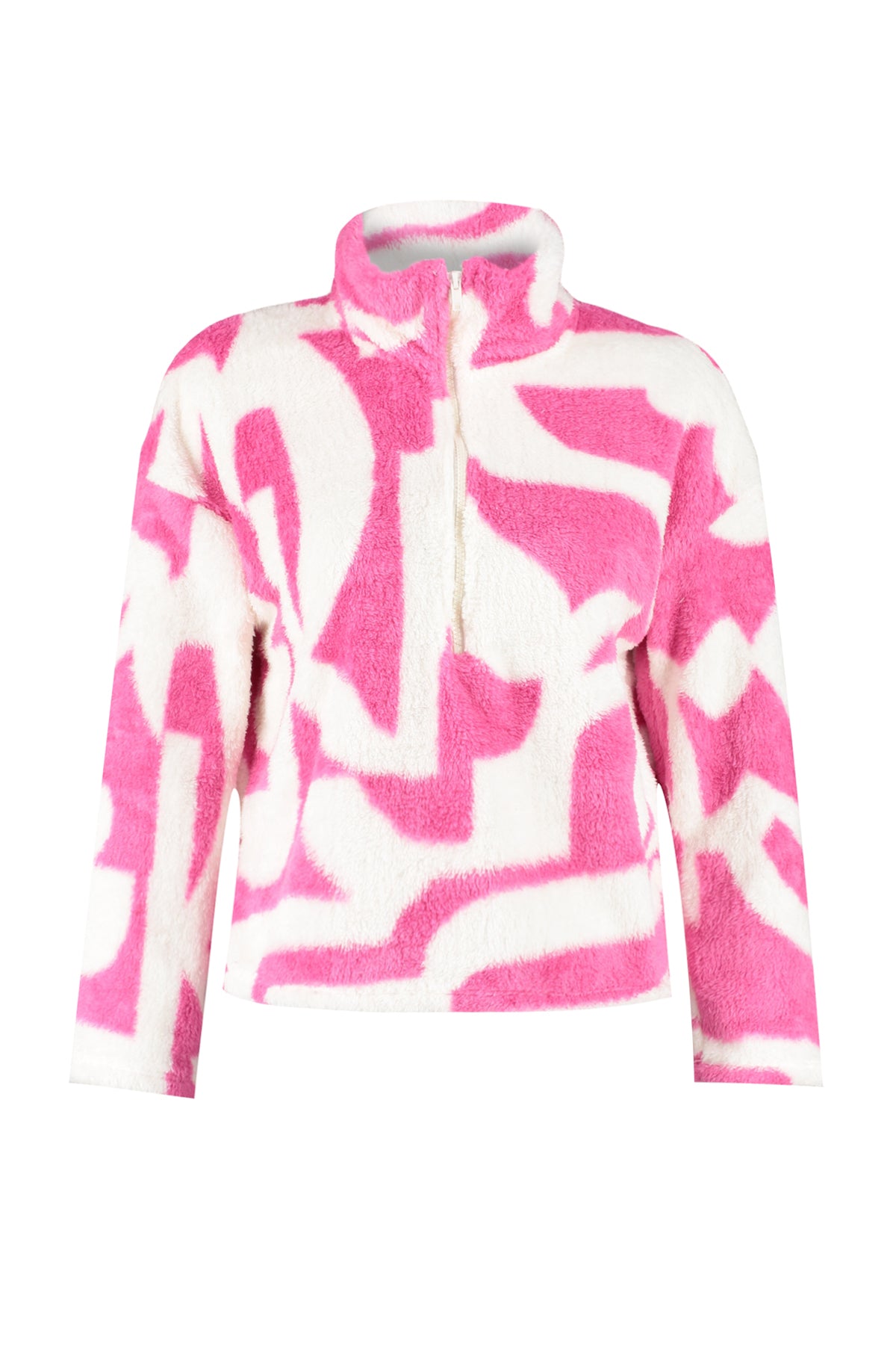 Fuşya Kalın Polar Desenli Fermuarlı Dik Yaka Uzun Kol Örme Sweatshirt TWOAW24SW00045