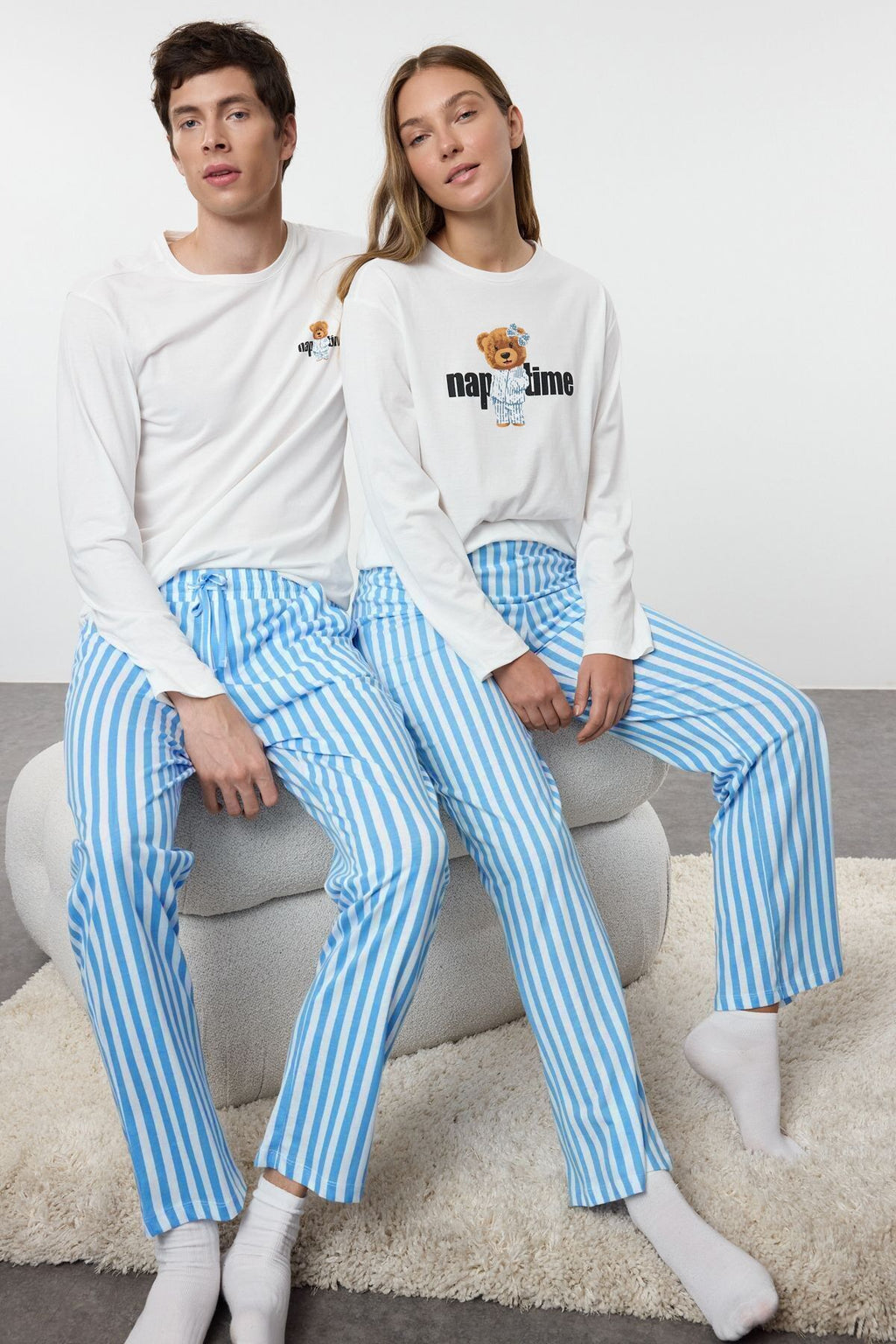 Trendyolmilla Mint %100 Pamuklu Çizgili Ayıcıklı Örme Pijama Takımı THMAW25PT00171