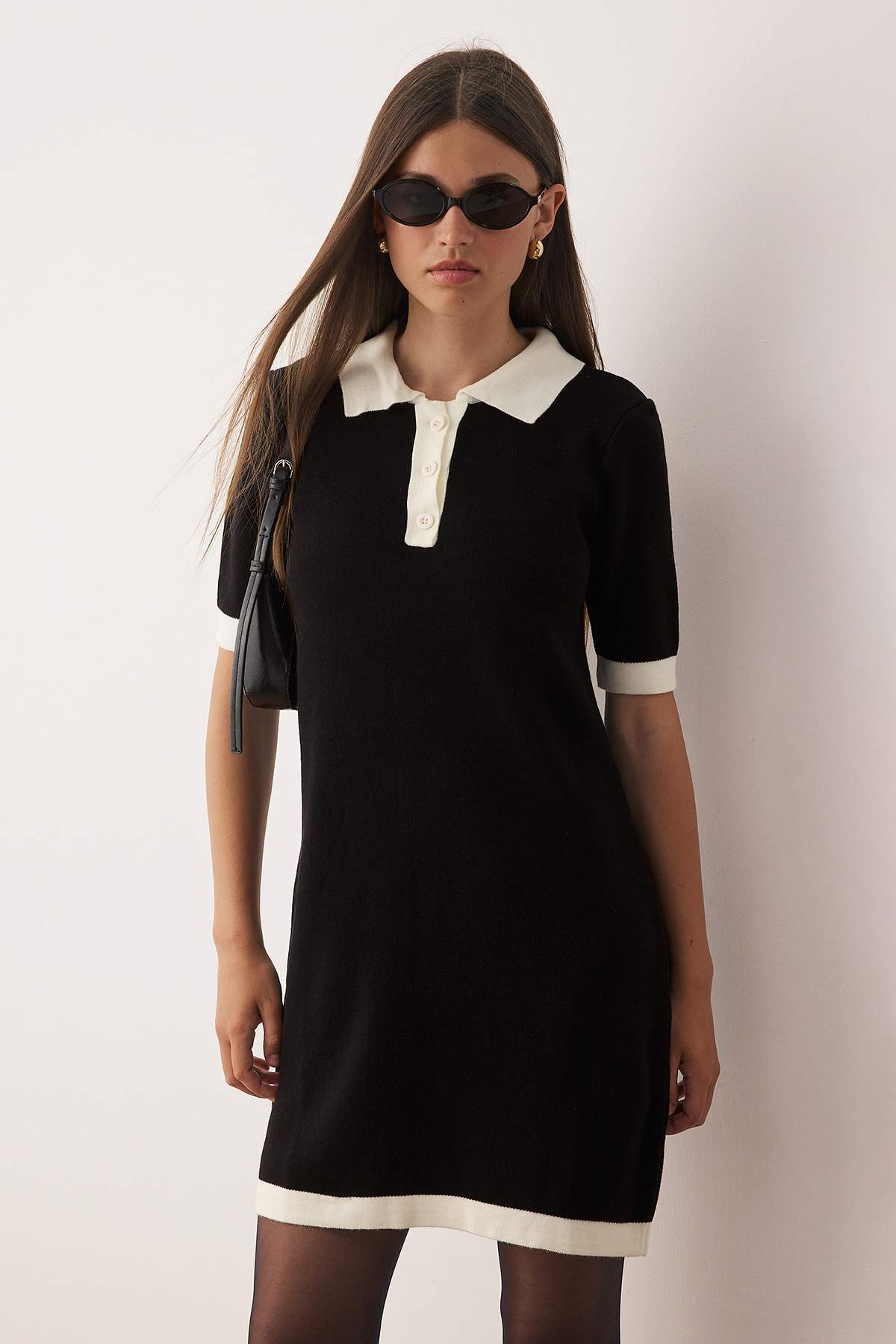 Trendyolmilla Siyah Renk Bloklu Kısa / Mini Polo Yaka Triko Elbise TWOAW26EL00105 Main image