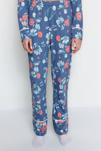 Mavi %100 Pamuklu Çiçek Desenli Kruvaze Gömlek-Pantolon Örme Pijama Takımı THMAW21PT0584