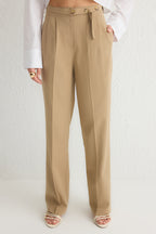 Trendyolmilla Bej Straight/Düz Kesim Kemer Detaylı Dokuma Pantolon TWOSS24PL00023