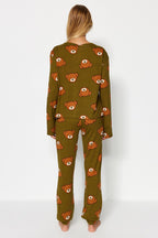 Trendyolmilla Haki %100 Pamuklu Ayıcıklı Desenli Örme Pijama Takımı THMAW23PT00514