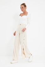 Trendyolmilla Taş Wide Leg/Geniş Paça Yanları Düğmeli Dokuma Kumaş Pantolon TWOSS20PL0398