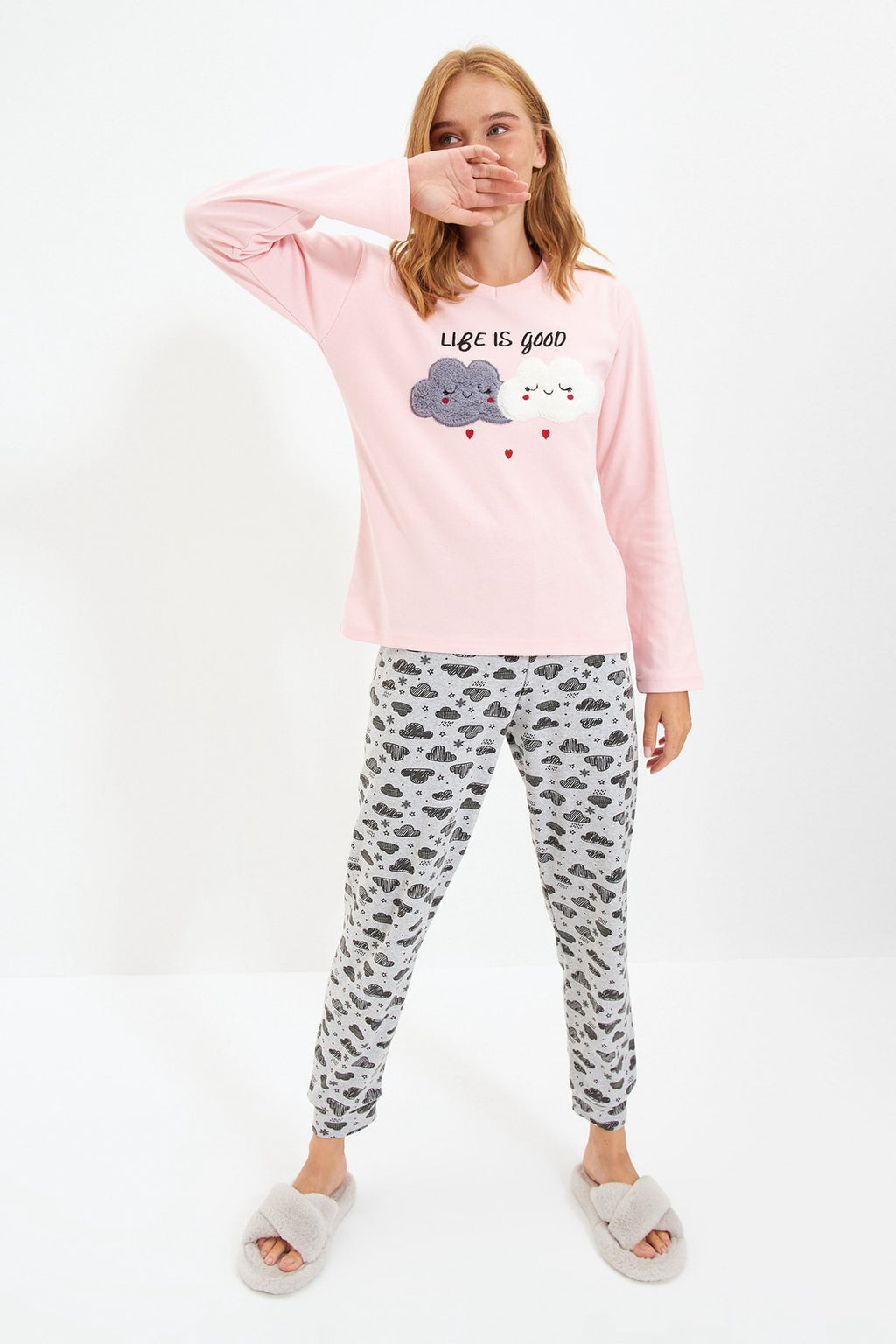 Somon Pamuklu Nakışlı Örme Pijama Takımı THMAW21PT0646
