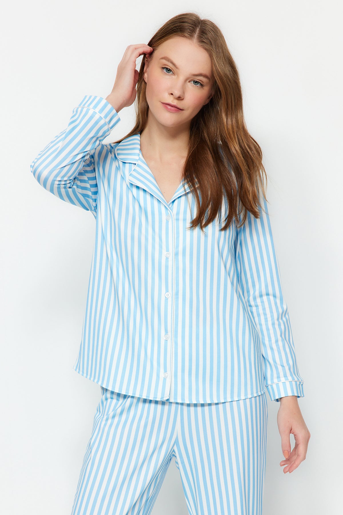 Trendyolmilla Mavi Çizgi Desenli Biyeli İçi Polarlı Gömlek-Pantolon Örme Pijama Takımı THMAW24PT00050 Secondary image