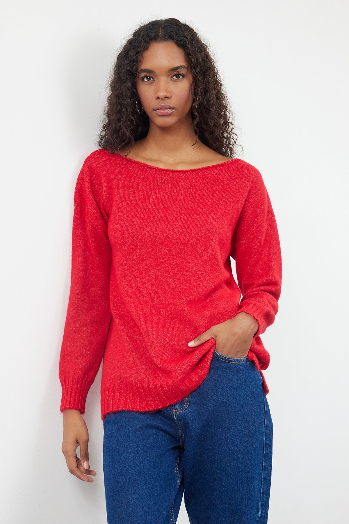 Trendyolmilla Indigo Yünlü Kayık Yaka Basic Triko Kazak TWOAW25KZ00010