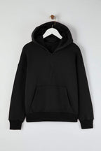 Trendyolmilla Teen Siyah Kapüşonlu Kalın İçi Polarlı Yarım Pat Fermuarlı Cepli Örme Sweatshirt TWOAW26SW00160