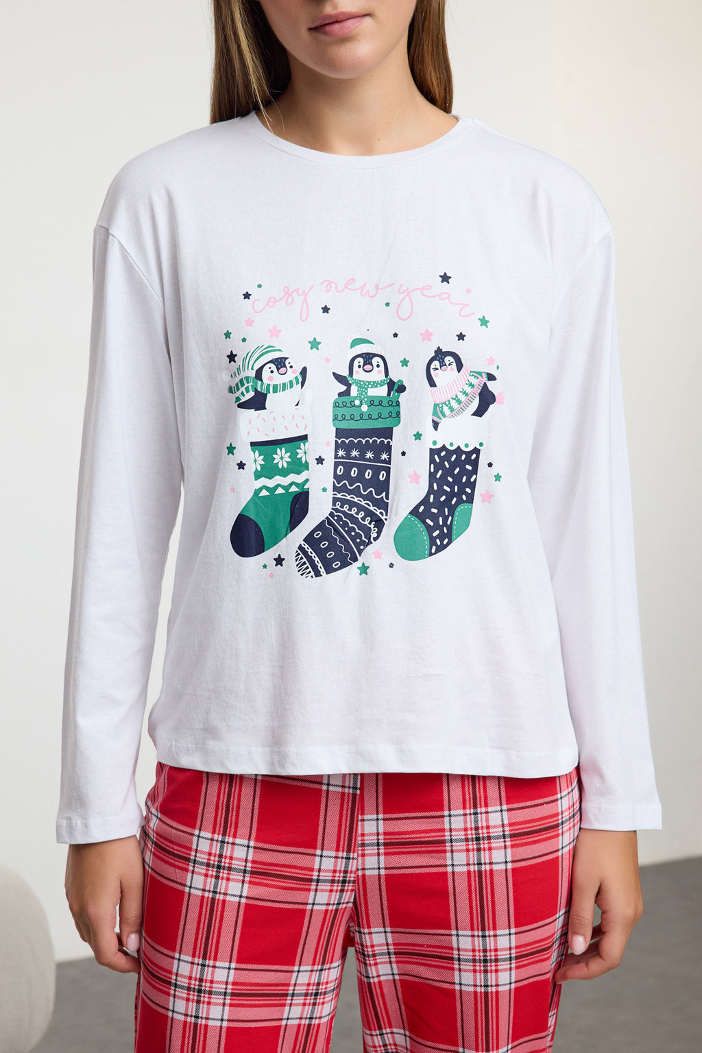 Trendyolmilla Pembe-Çok Renkli %100 Pamuklu Kış Temalı Ekoseli Örme Pijama Takımı THMAW25PT00121