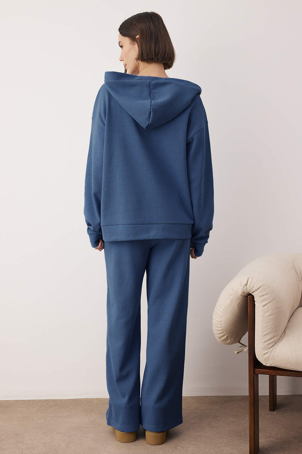 Mavi Pamuklu Kapüşonlu Waffle Örme Pijama Takımı THMAW26PT00168