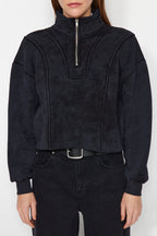 Antrasit Eskitme/Soluk Efektli Rahat Kesim Crop Kalın İçi Polarlı Örme Sweatshirt TWOAW24SW00243