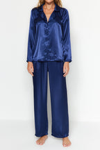 Lacivert Saten Gömlek-Pantolon Dokuma Pijama Takımı THMAW24PT00026