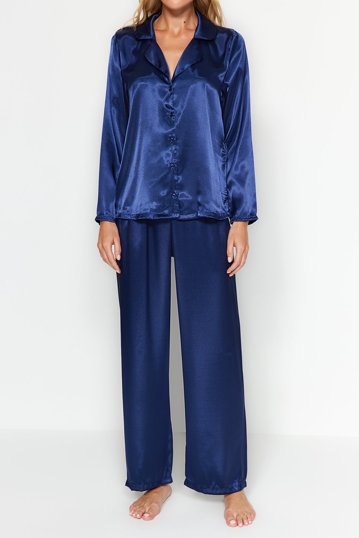 Lacivert Saten Gömlek-Pantolon Dokuma Pijama Takımı THMAW24PT00026