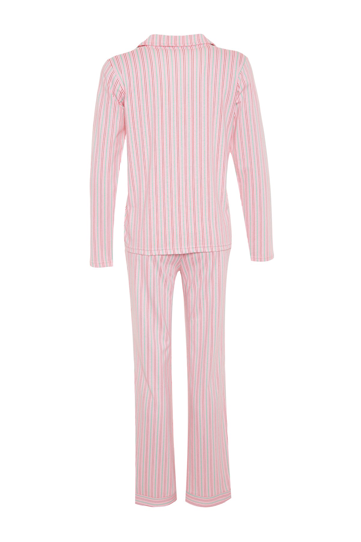 Trendyolmilla Mavi %100 Pamuklu Çizgili Gömlek-Pantolon Örme Pijama Takımı THMAW24PT00144