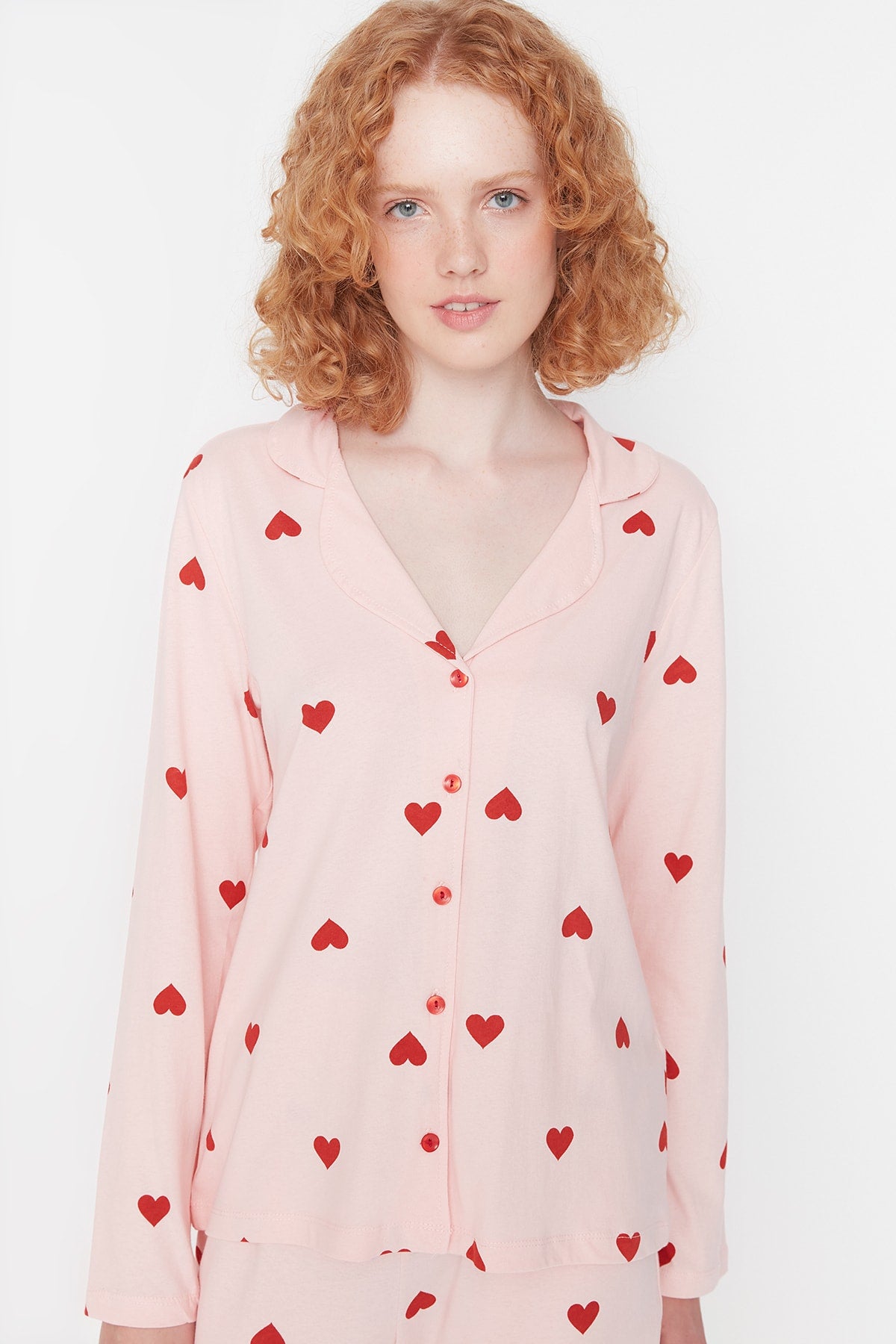 Trendyolmilla Kırmızı %100 Pamuklu Kalpli Örme Pijama Takımı THMAW21PT0548