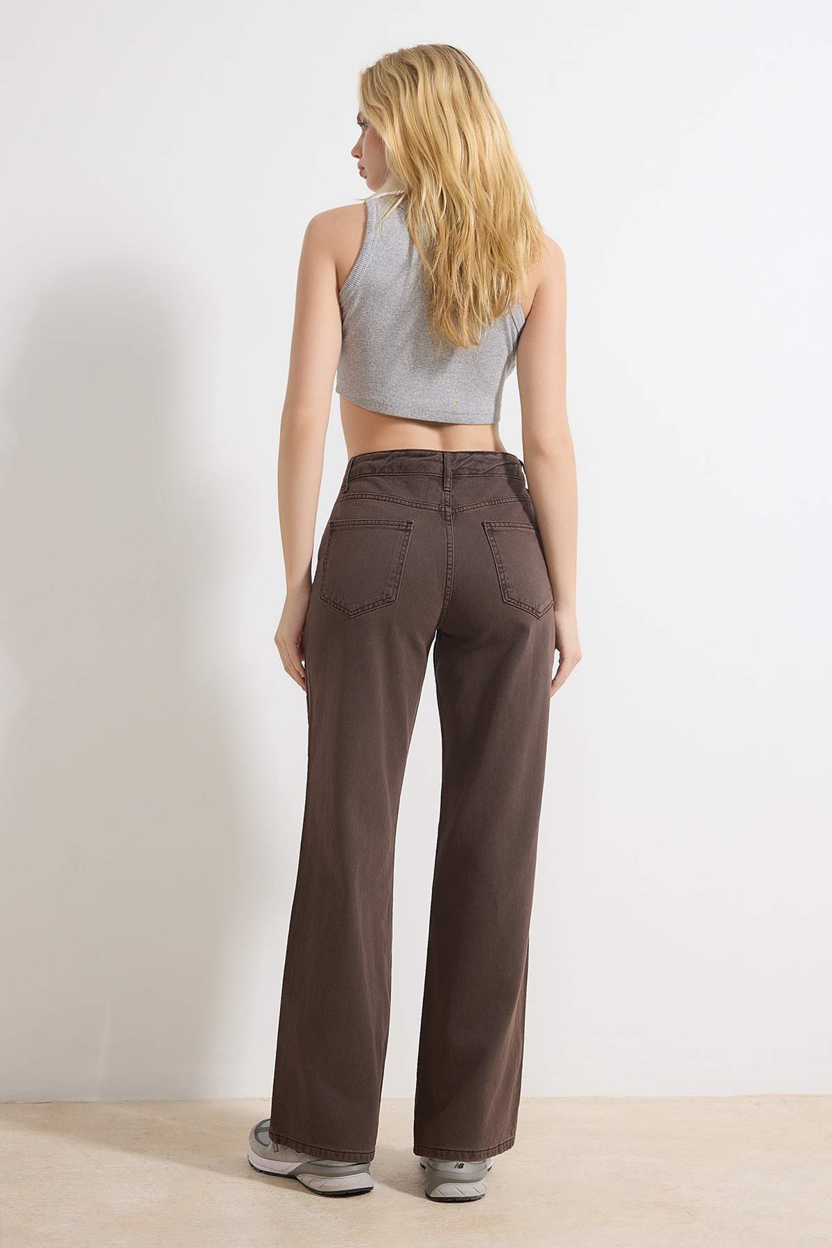 Kahverengi %100 Pamuk Yıkama Efekli Normal Bel Wide Leg Jeans TWOSS26JE00058