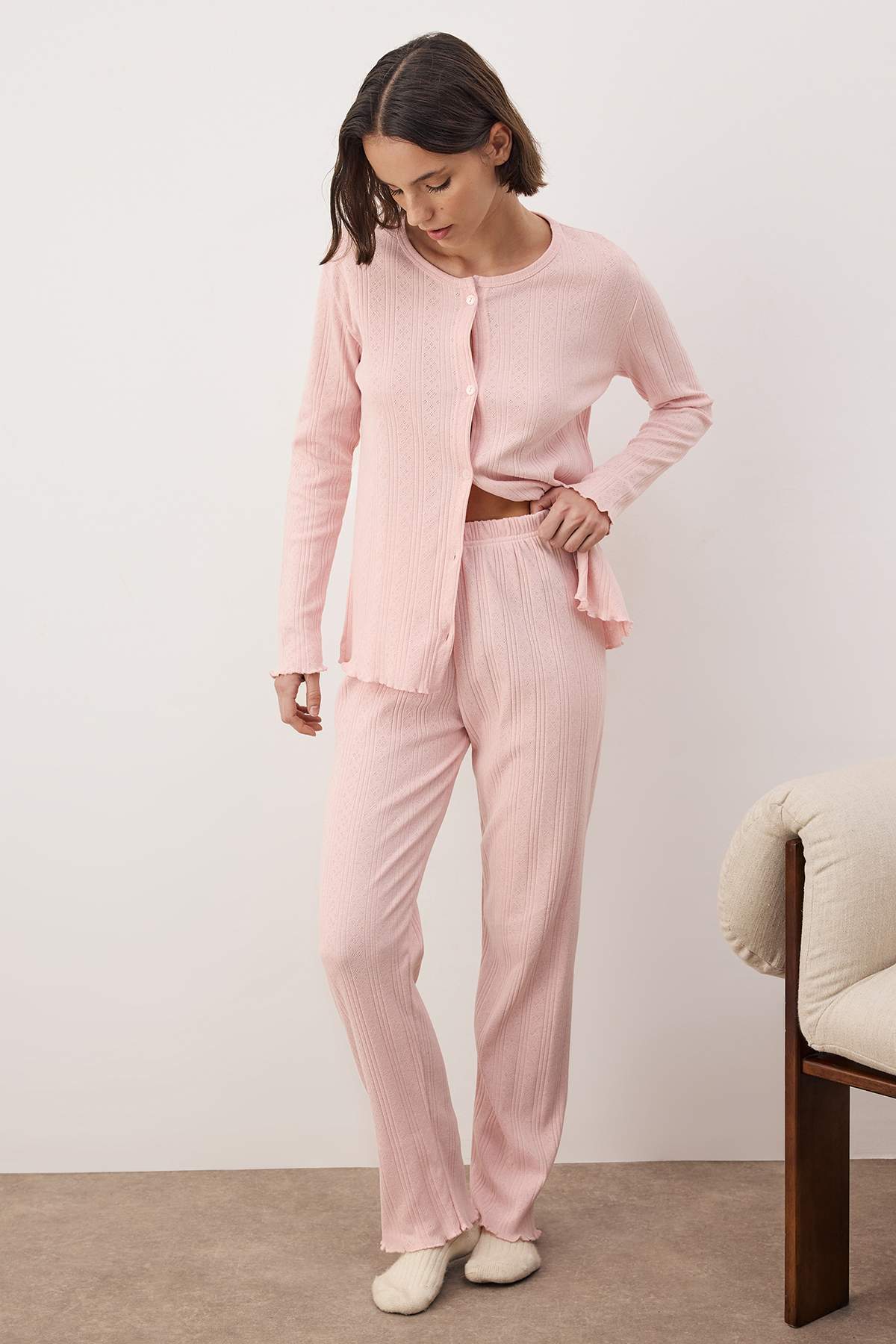 Trendyolmilla Yeşil Hırkalı Pointel/Fitilli Baby Overloklu Örme Pijama Takımı THMAW26PT00219