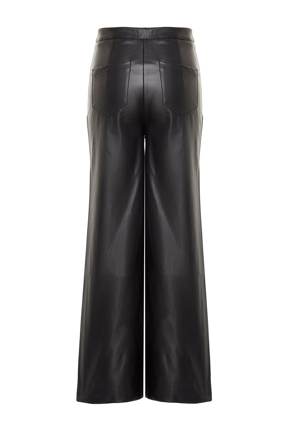 Siyah Suni Deri Wide Leg Cep Detaylı Örme Pantolon TWOAW24PL00103