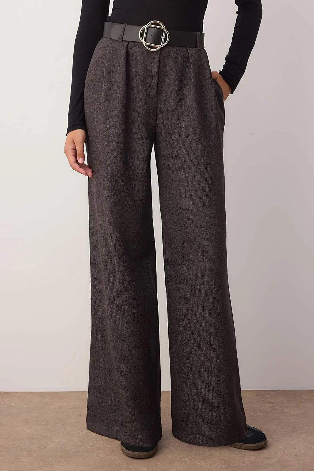 Gri Kemerli Wide Leg/Geniş Paça Kalın Kumaş Pantolon TWOAW26PL00033
