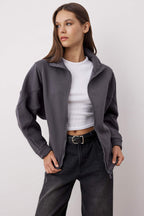 Gri Melanj Bordo Renk Bloklu Fermuarlı Dik Yaka Oversize Bomber Örme Sweatshirt TWOAW26SW00037
