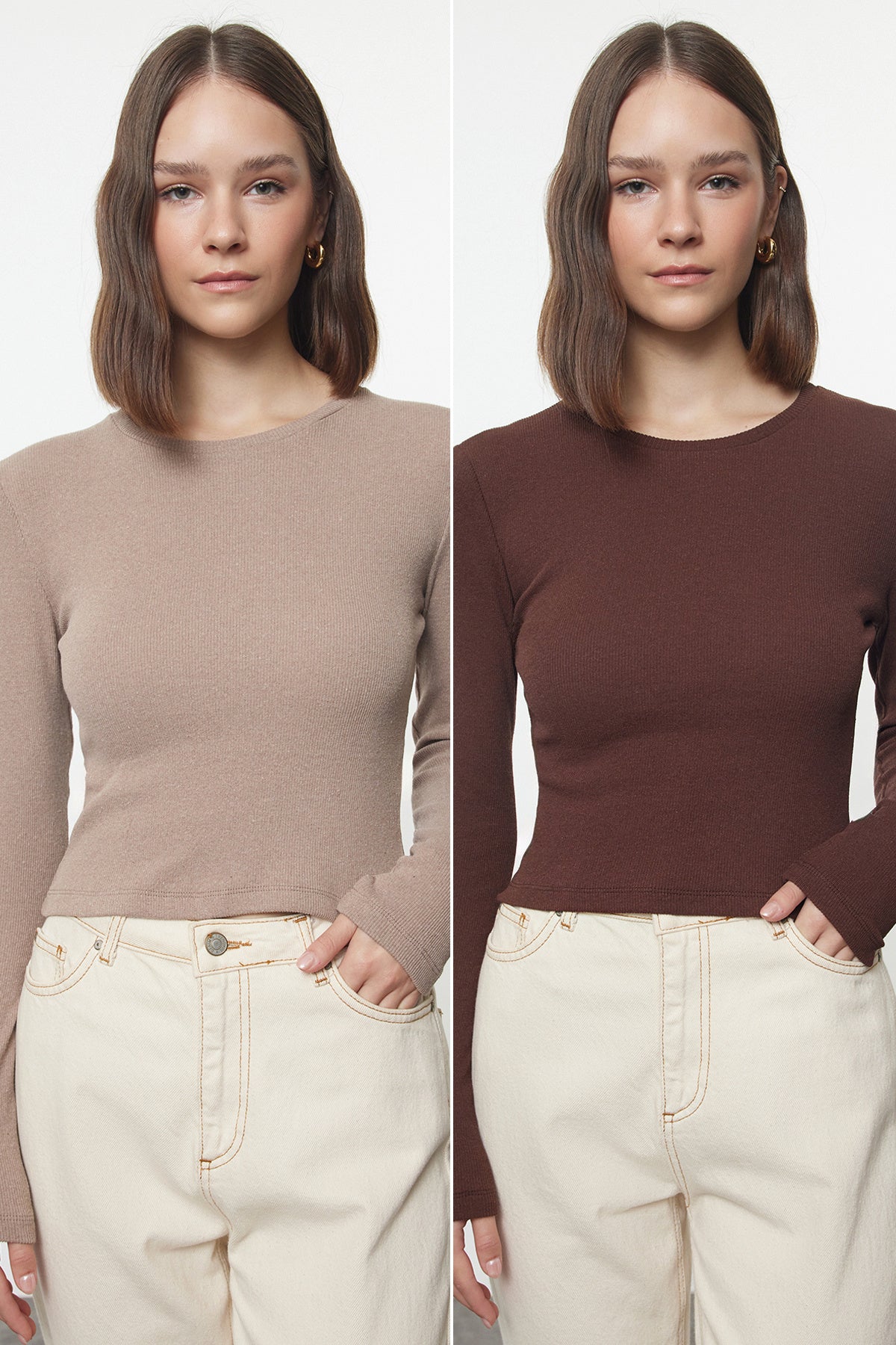 Trendyolmilla Kahverengi-Bej 2'li Paket Vücuda Oturan Bisiklet Yaka Fitilli Crop Esnek Örme Bluz TWOAW22BZ0331 Secondary image