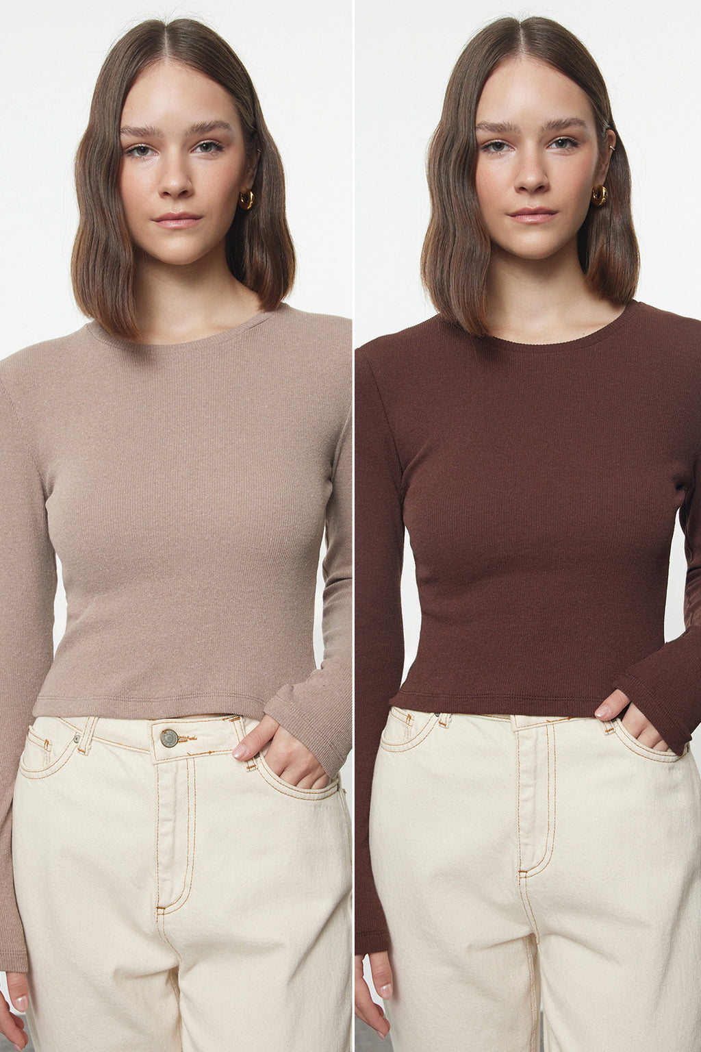 Trendyolmilla Kahverengi-Bej 2'li Paket Vücuda Oturan Bisiklet Yaka Fitilli Crop Esnek Örme Bluz TWOAW22BZ0331