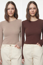 Trendyolmilla Kahverengi-Bej 2'li Paket Vücuda Oturan Bisiklet Yaka Fitilli Crop Esnek Örme Bluz TWOAW22BZ0331