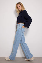 Trendyolmilla Koyu Mavi Bel Detaylı Yüksek Bel Wide Leg Jeans TWOSS21JE0385