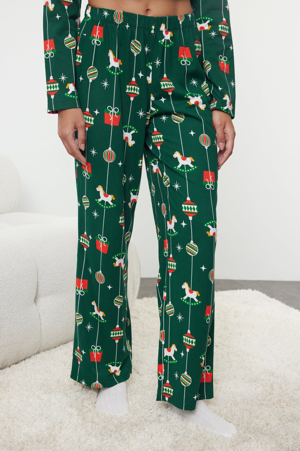 Yeşil %100 Pamuklu Yılbaşı Temalı Örme Pijama Takımı THMAW25PT00172