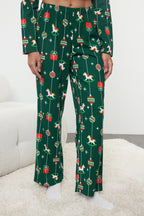 Yeşil %100 Pamuklu Yılbaşı Temalı Örme Pijama Takımı THMAW25PT00172