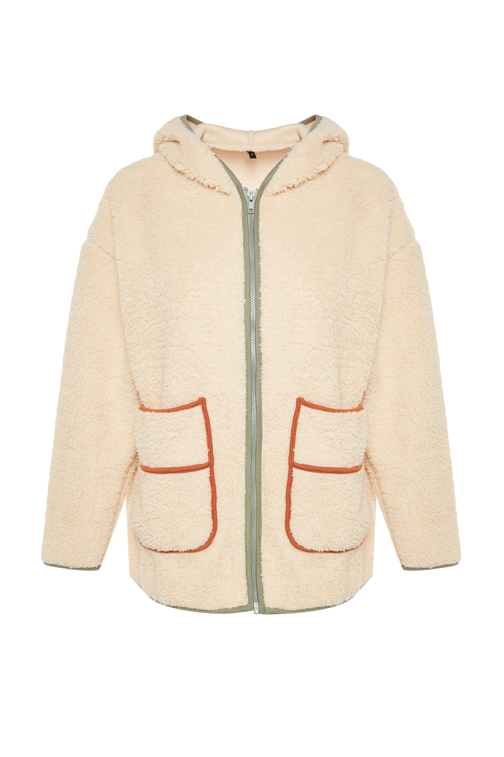 Ekru Kalın Polar Kontrast Biyeli Kapüşonlu Relaxed/Rahat Kalıp Örme Sweatshirt TWOAW24SW00021