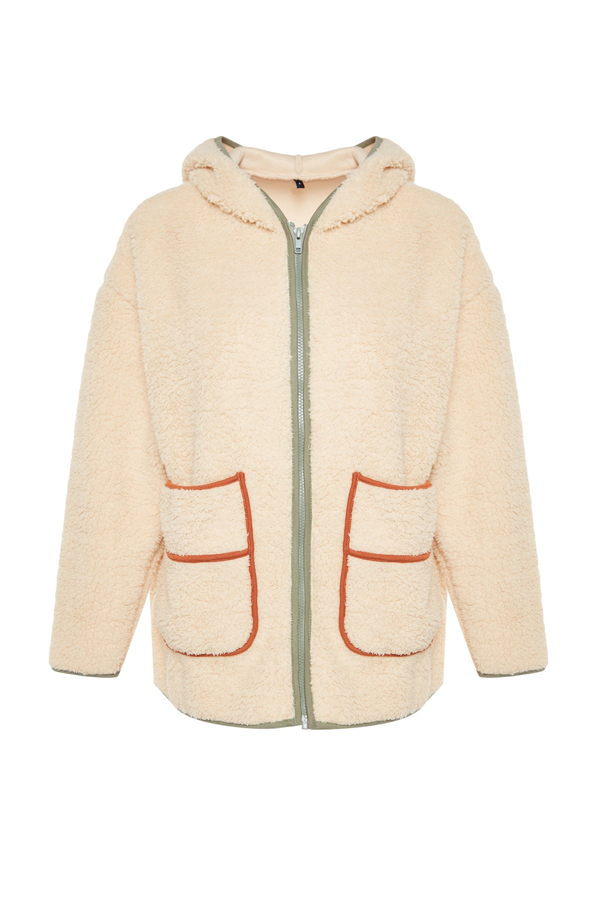 Ekru Kalın Polar Kontrast Biyeli Kapüşonlu Relaxed/Rahat Kalıp Örme Sweatshirt TWOAW24SW00021