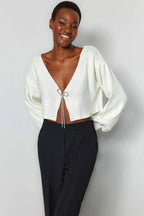 Trendyolmilla Ekru Süper Crop Basic Fiyonklu Triko Hırka TWOAW24HI00315