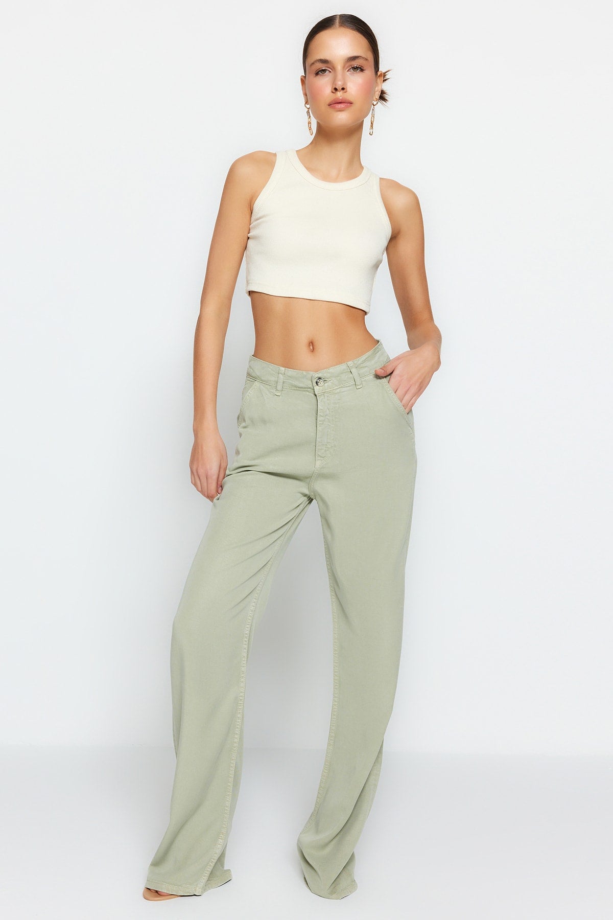 Trendyolmilla More Sustainable Mint %100 Tencel™ Düşük Bel Wide Leg Jeans TWOSS23JE00219