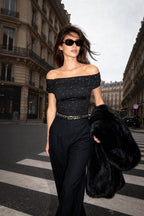 Siyah Taş Baskılı Carmen Yaka Örme Sandy Party Bluz TPRSS25BZ00055