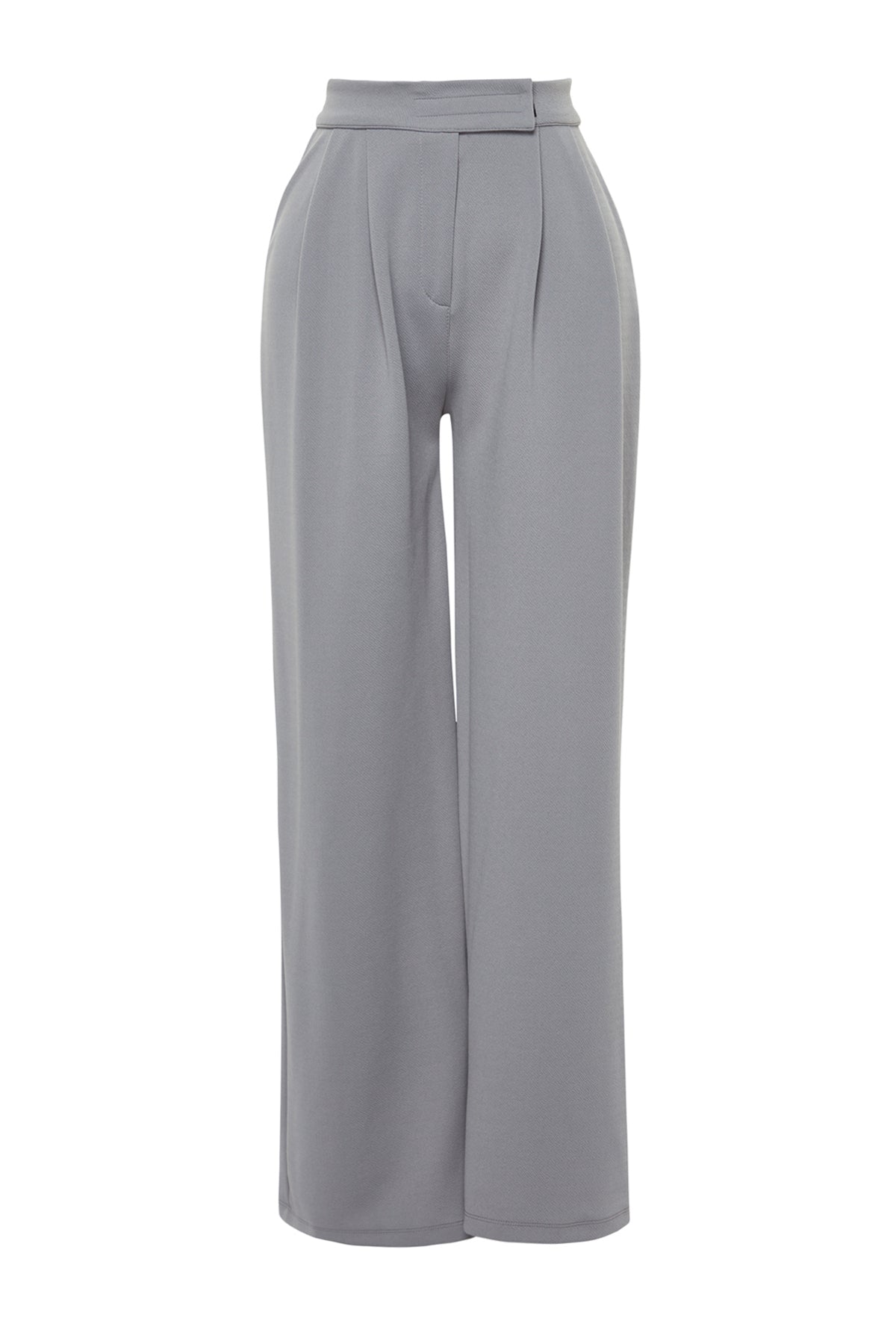 Trendyolmilla Yunus Gri Cırt Cırt Kapamalı Yüksek Bel Pileli Wide Leg/Geniş Kesim Örme Pantolon TWOAW24PL00177
