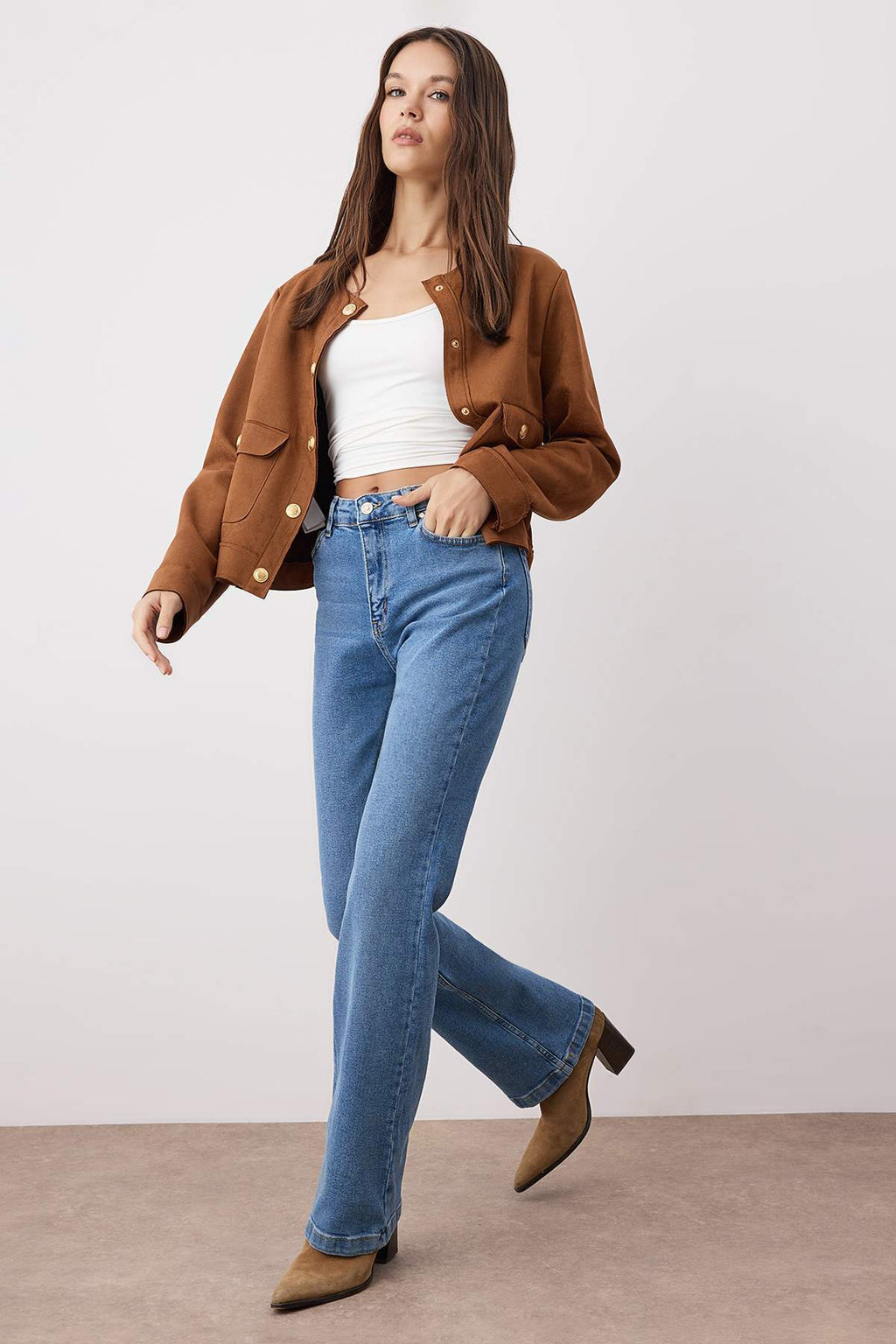 Trendyolmilla Kahverengi Yüksek Bel Orta Esnek Flare İspanyol Paça Jeans TWOAW26JE00047