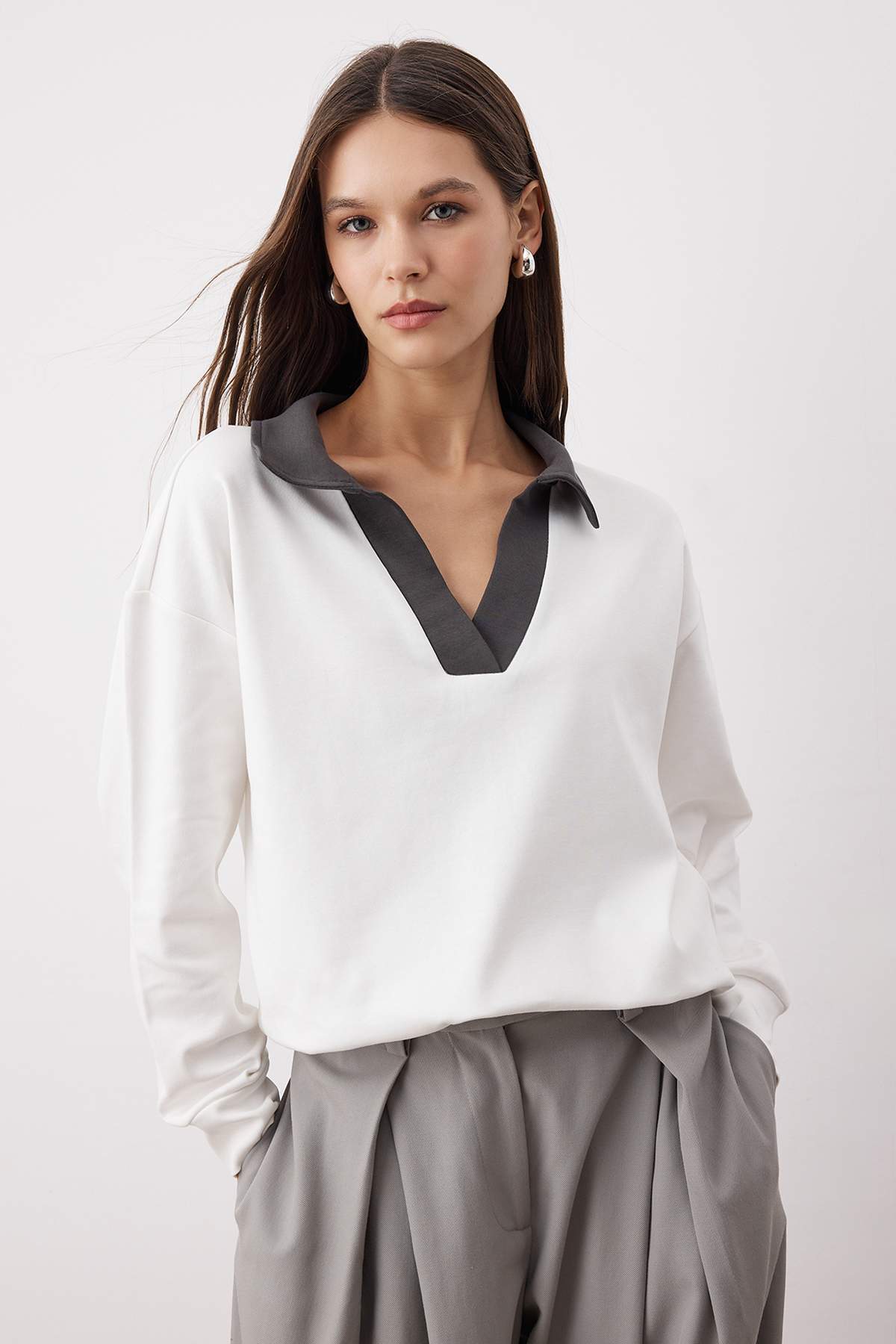 Trendyolmilla Ekru Renk Bloklu Polo Yaka Relaxed/Rahat Kalıp Örme Sweatshirt TWOAW26SW00043 Main image