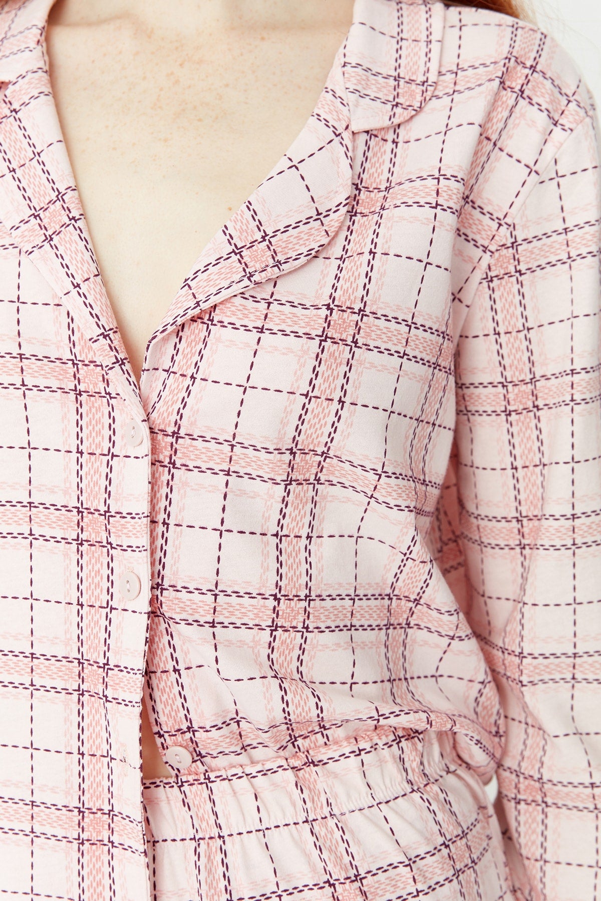 Trendyolmilla Bej %100 Pamuklu Ekoseli Örme Pijama Takımı THMAW20PT0266
