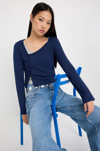 Trendyolmilla Lacivert-Gri 2'li Takım Asimetrik Yaka Düğmeli Vücuda Oturan Esnek Örme Bluz TWOAW26BZ00042