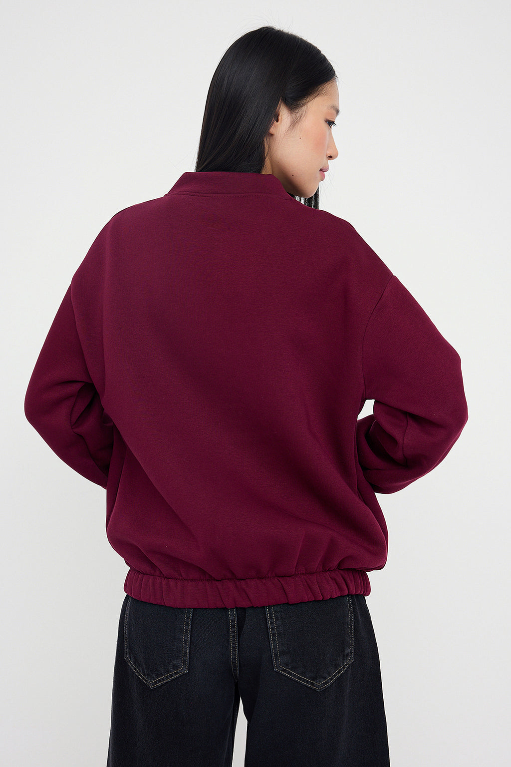 Trendyolmilla Teen Koyu Bordo Fermuarlı Oversize/Geniş Kalıp Kalın İçi Polarlı Örme Sweatshirt TWOAW25SW00122