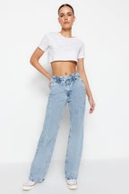 Trendyolmilla Koyu Mavi Bel Detaylı Yüksek Bel Wide Leg Jeans TWOSS21JE0385