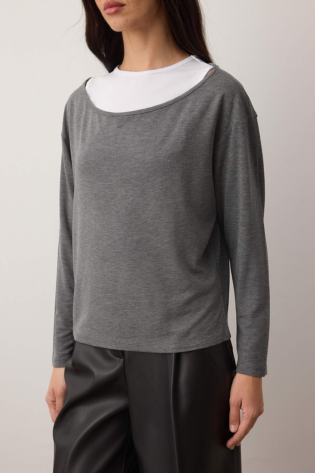 Gri Çift Katlı Regular/Normal Kalıp Örme Bluz TWOAW26BZ00332