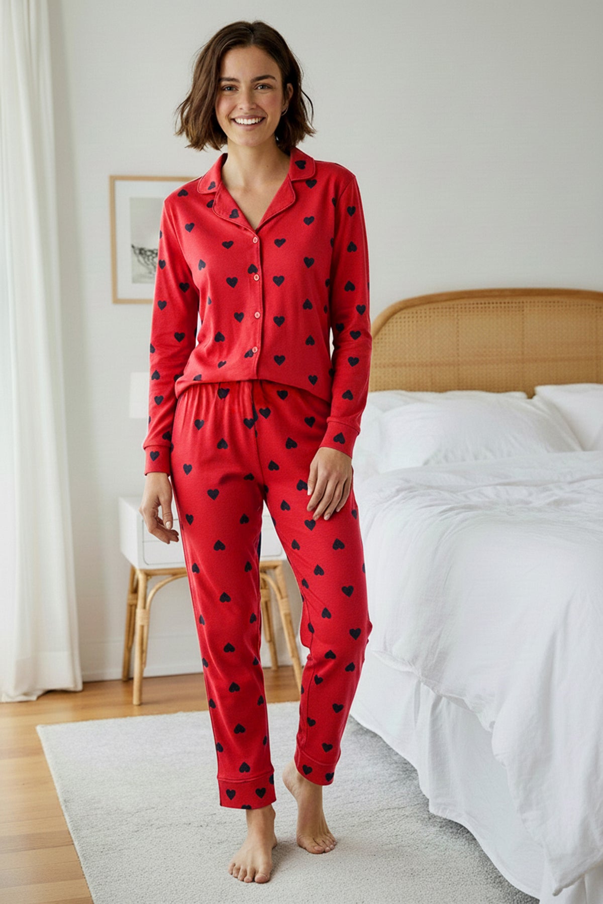 Trendyolmilla Kırmızı %100 Pamuklu Kalpli Örme Pijama Takımı THMAW21PT0548