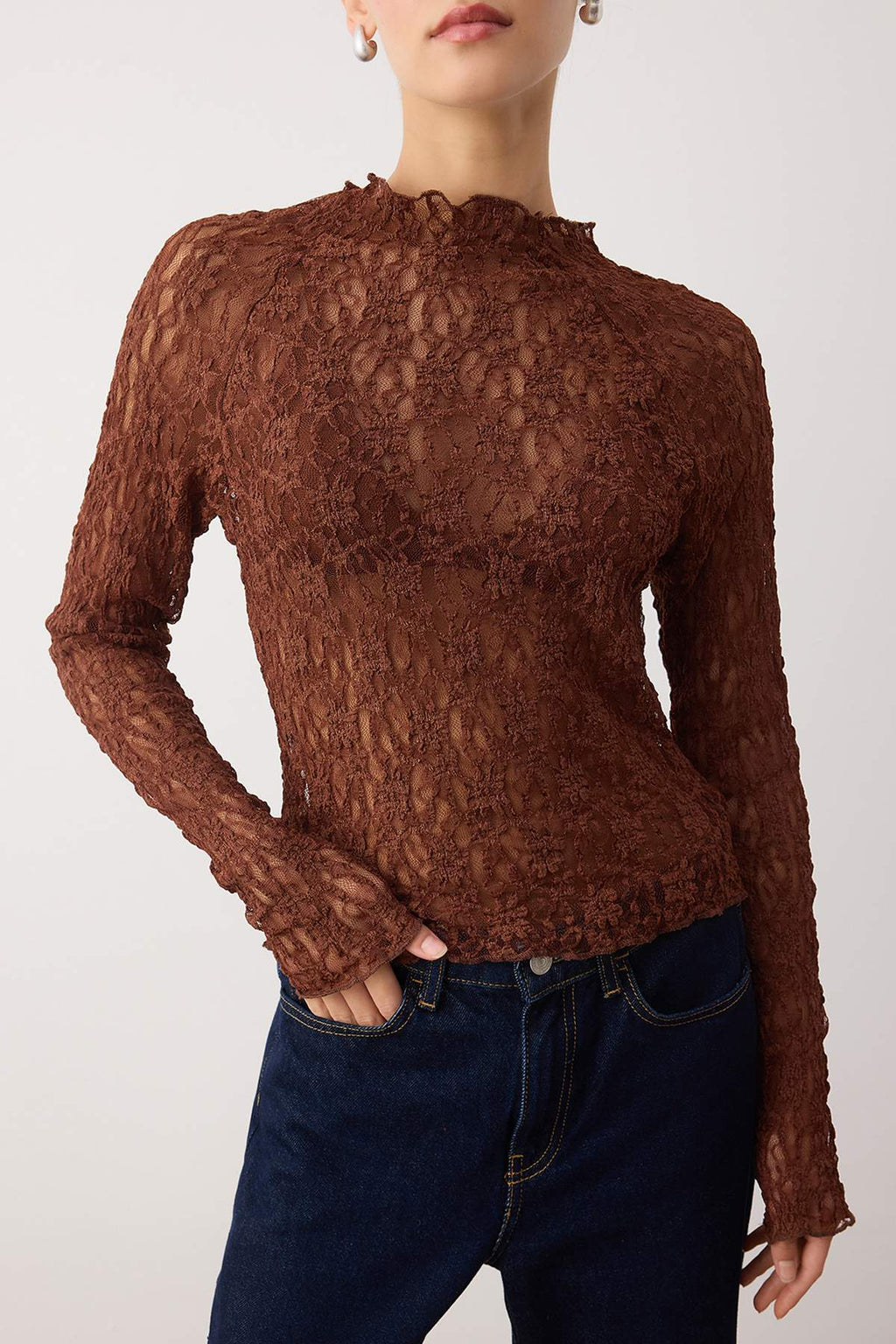 Siyah Fitted/Vücuda Oturan Reglan Kol Dantel Uzun Kollu Esnek Örme Bluz TWOAW26BZ00048