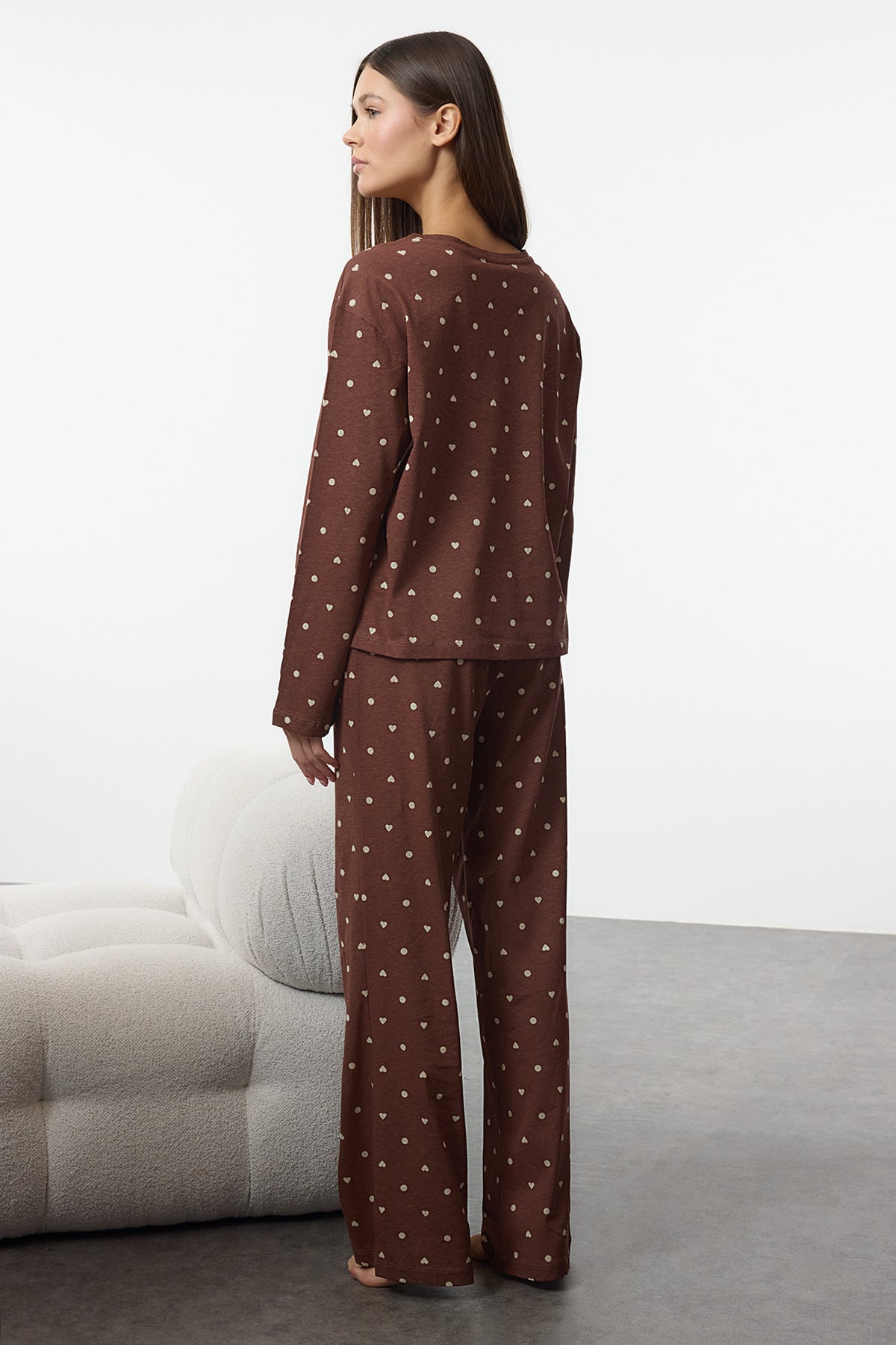Trendyolmilla Siyah %100 Pamuklu Puantiye ve Kalpli Örme Pijama Takımı THMAW25PT00039